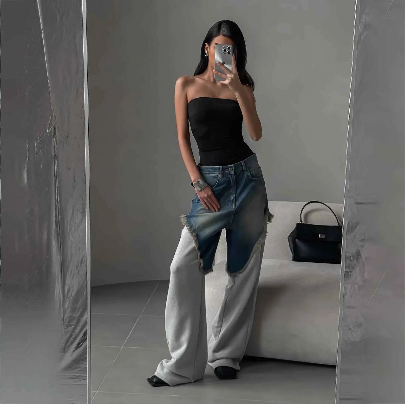 Distressed Patchwork Wide Leg Denim Pants