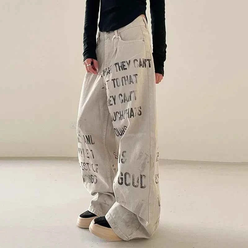 Cool Retro American Letters Print Loose Jeans