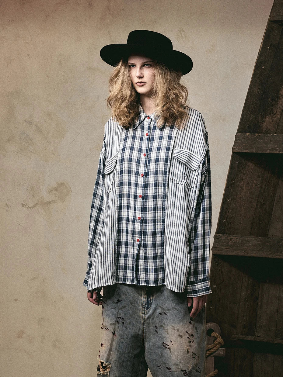 Effortless Retro Patchwork Plaid Long Sleeve Shirt - Luxuryurbanwear