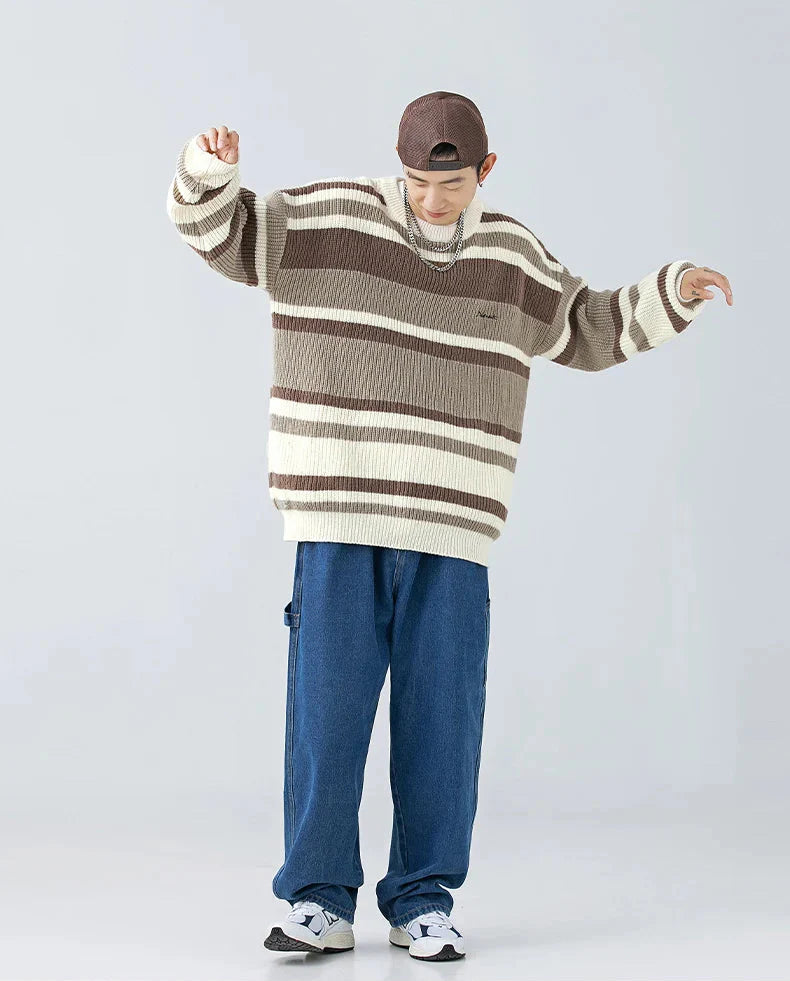 Stripe Embroidery Crochet Sweater