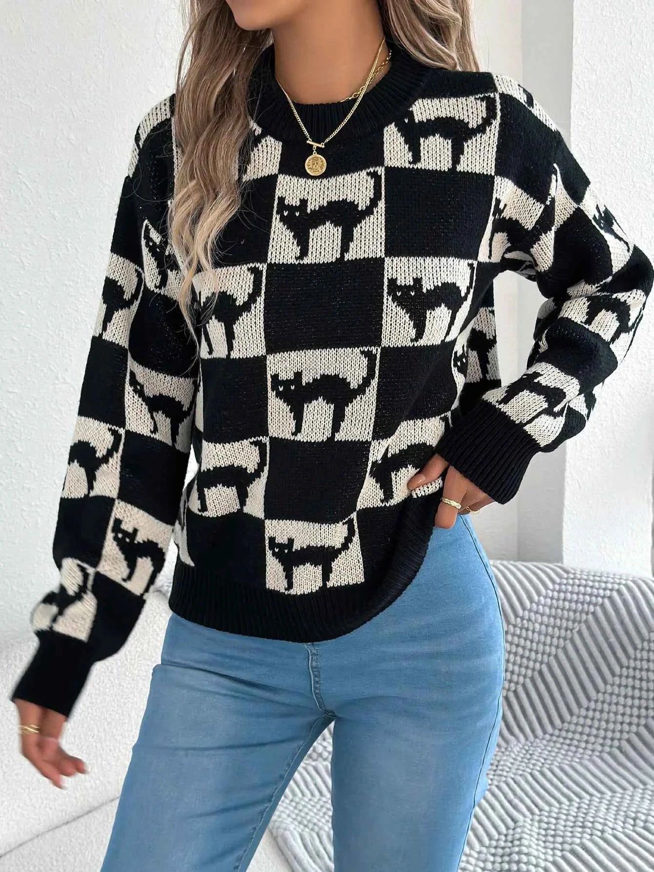Y2K Signature Halloween Plaid Knitted Sweater