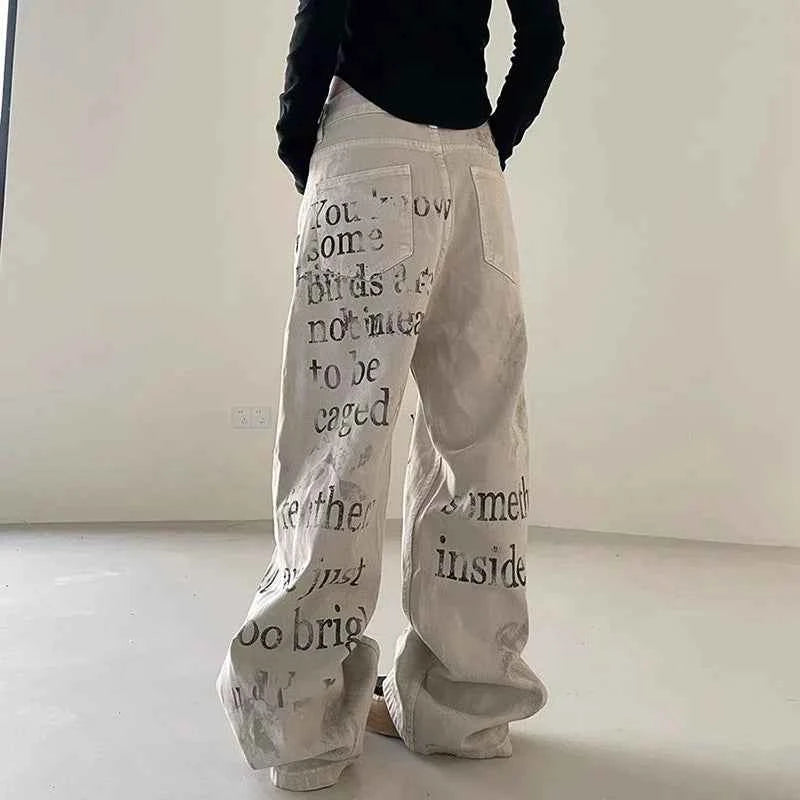 Cool Retro American Letters Print Loose Jeans