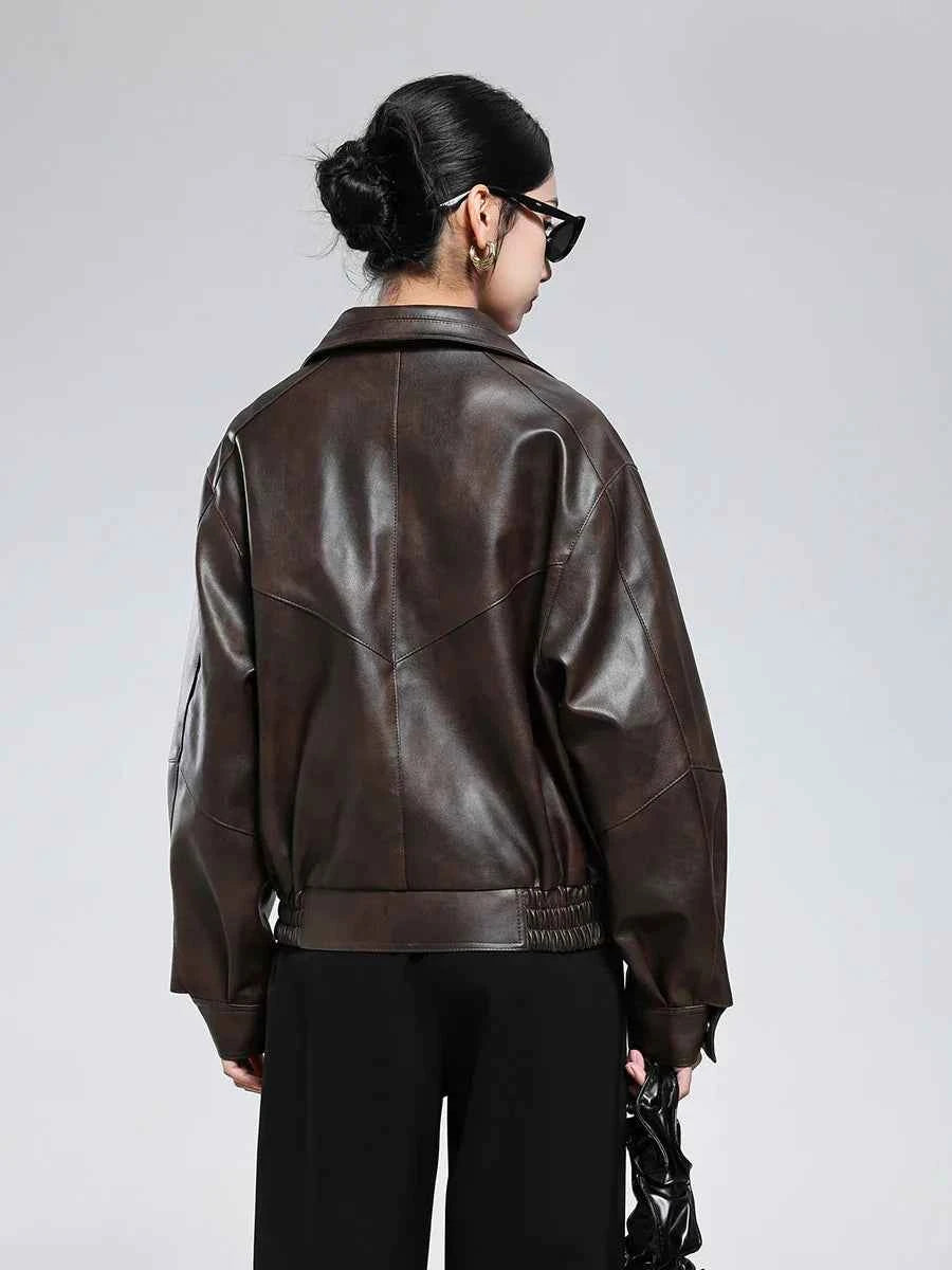 Casual Luxury Distressed Brown PU Leather Jacket