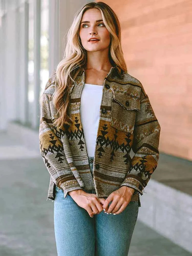 Brown Aztec Print Western Bomber Jacket