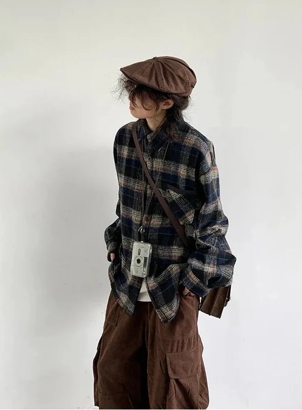 Y2K Cozy Plaid Woolen Long Sleeve Shirt - Luxuryurbanwear