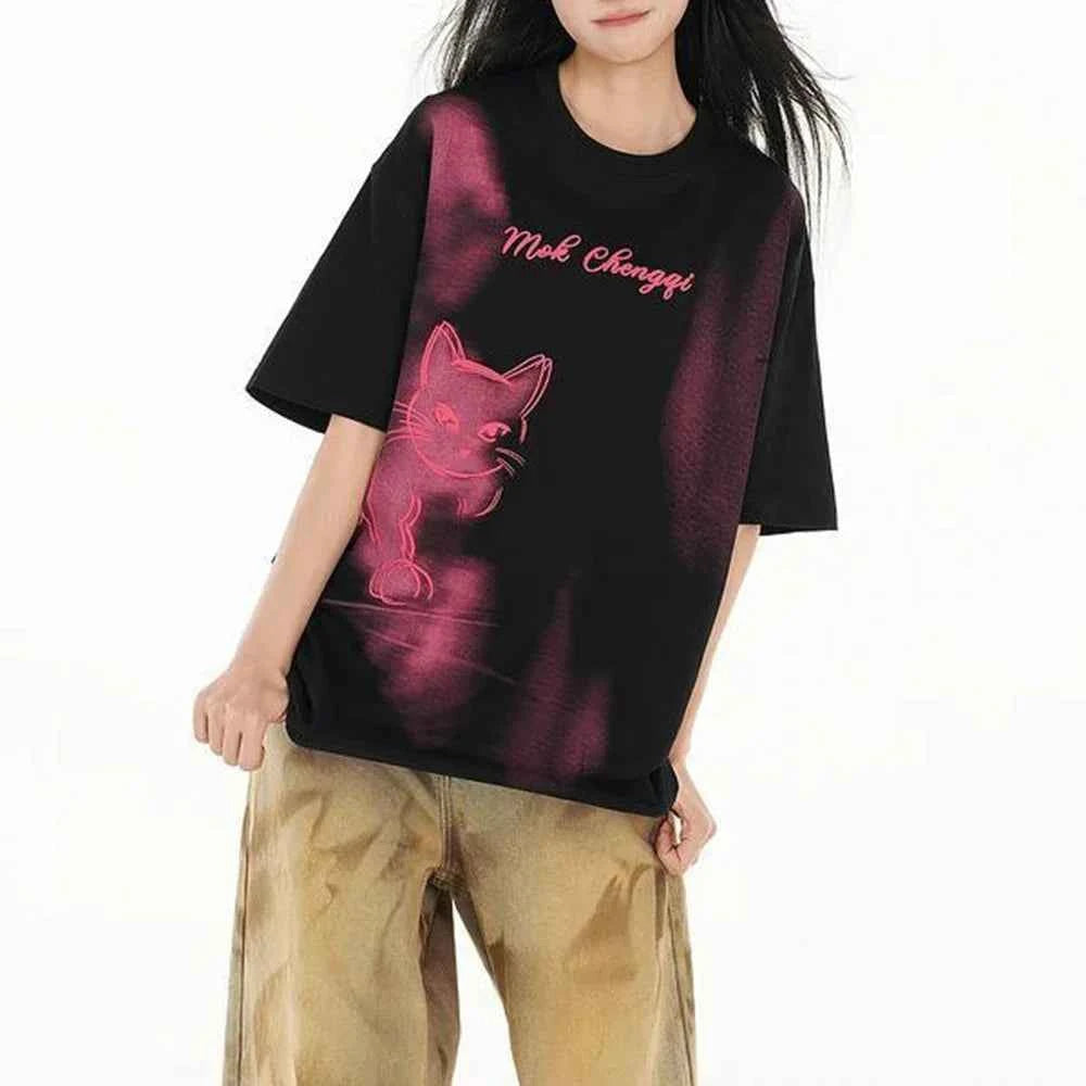 Vintage Kitten Graphic Short Sleeved T-Shirt