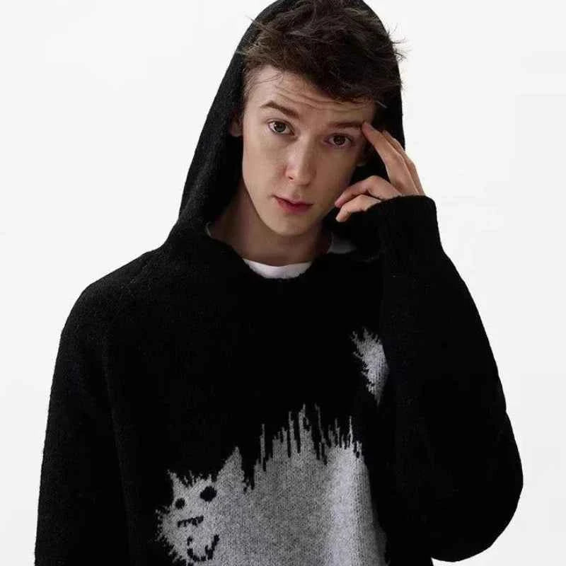 Colorful Japanese Cat Print Knit Hoodie