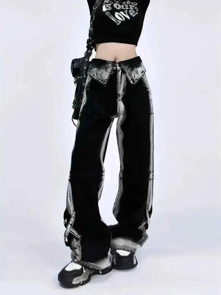 Y2K High Waist Contrast Color Wide Leg Jeans