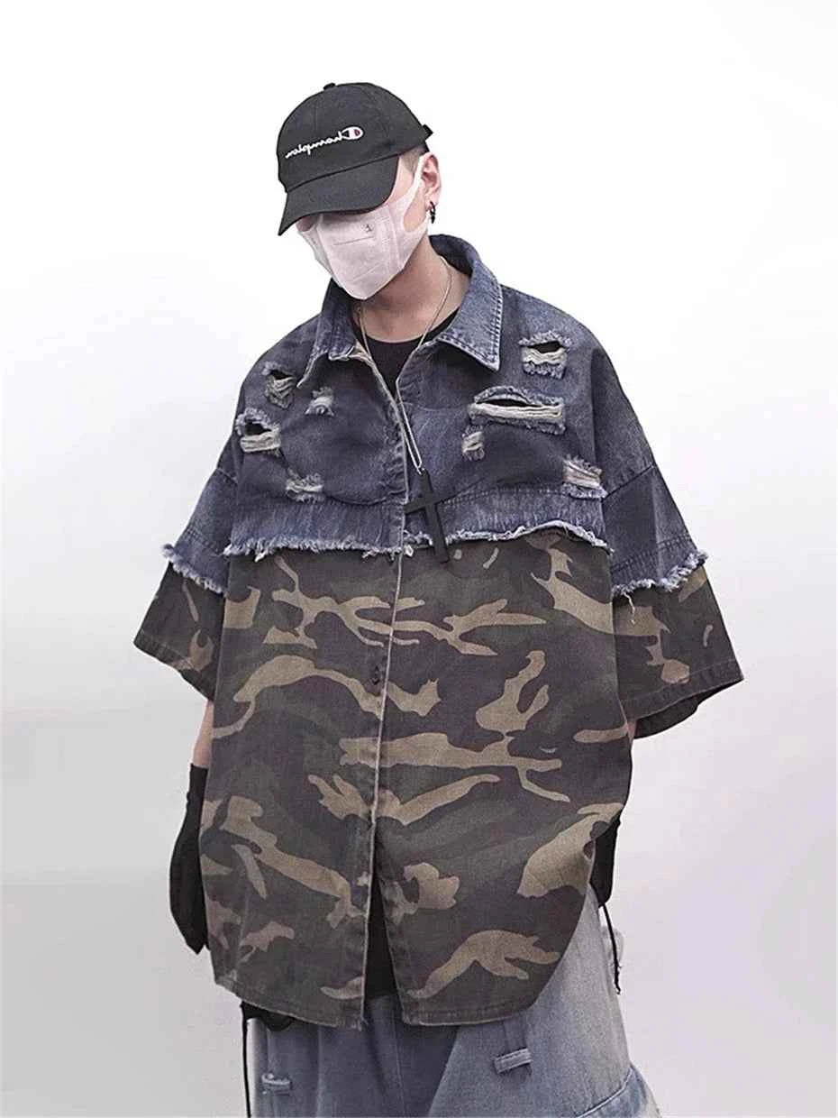 Vintage Camouflage Splicing Denim Shirt