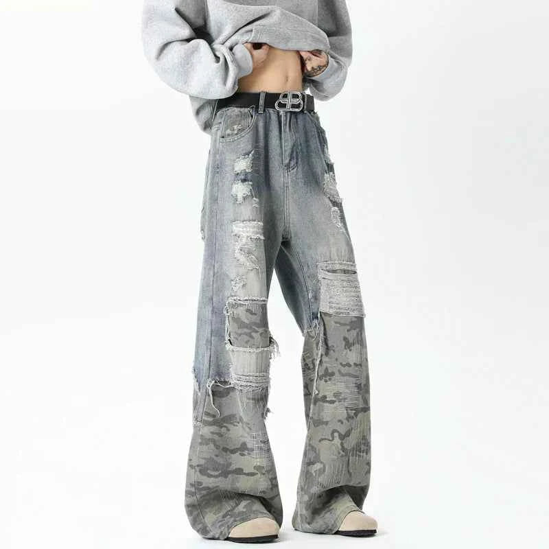 Stylish Camouflage Ripped Patchwork Wide Jeans