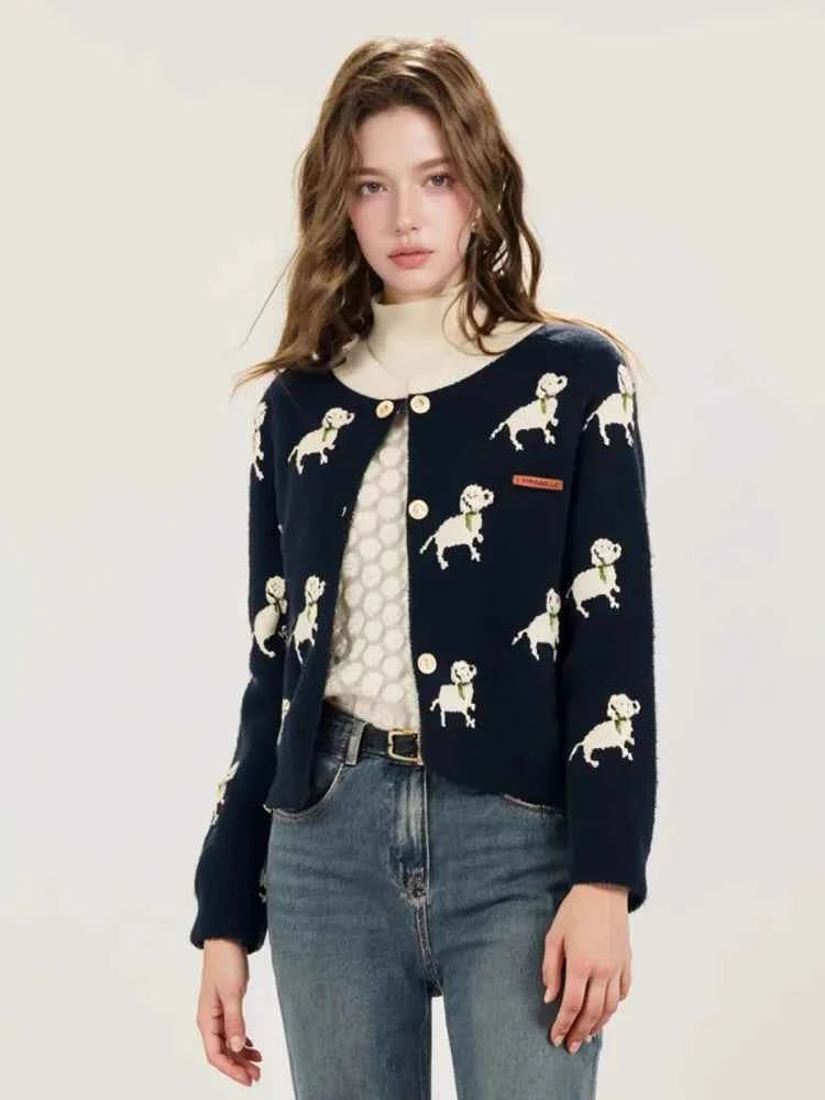 Cozy French Puppy Jacquard Knit Cardigan