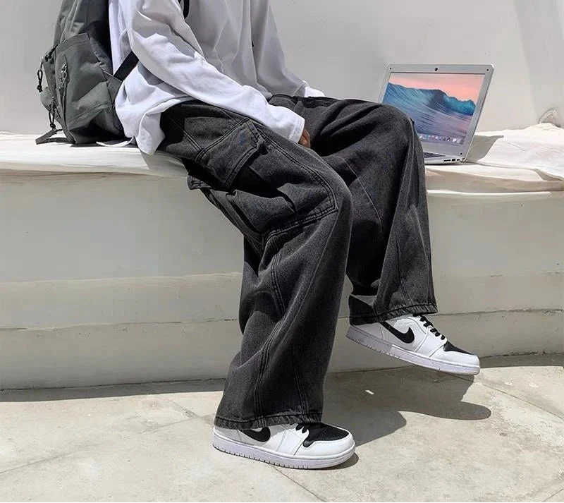 Handsome Retro Wide Leg Denim Cargo Jeans - Luxuryurbanwear