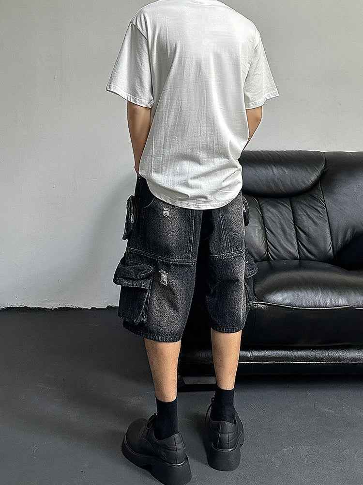 Black Effortless Destroyed Wide Leg Denim Short