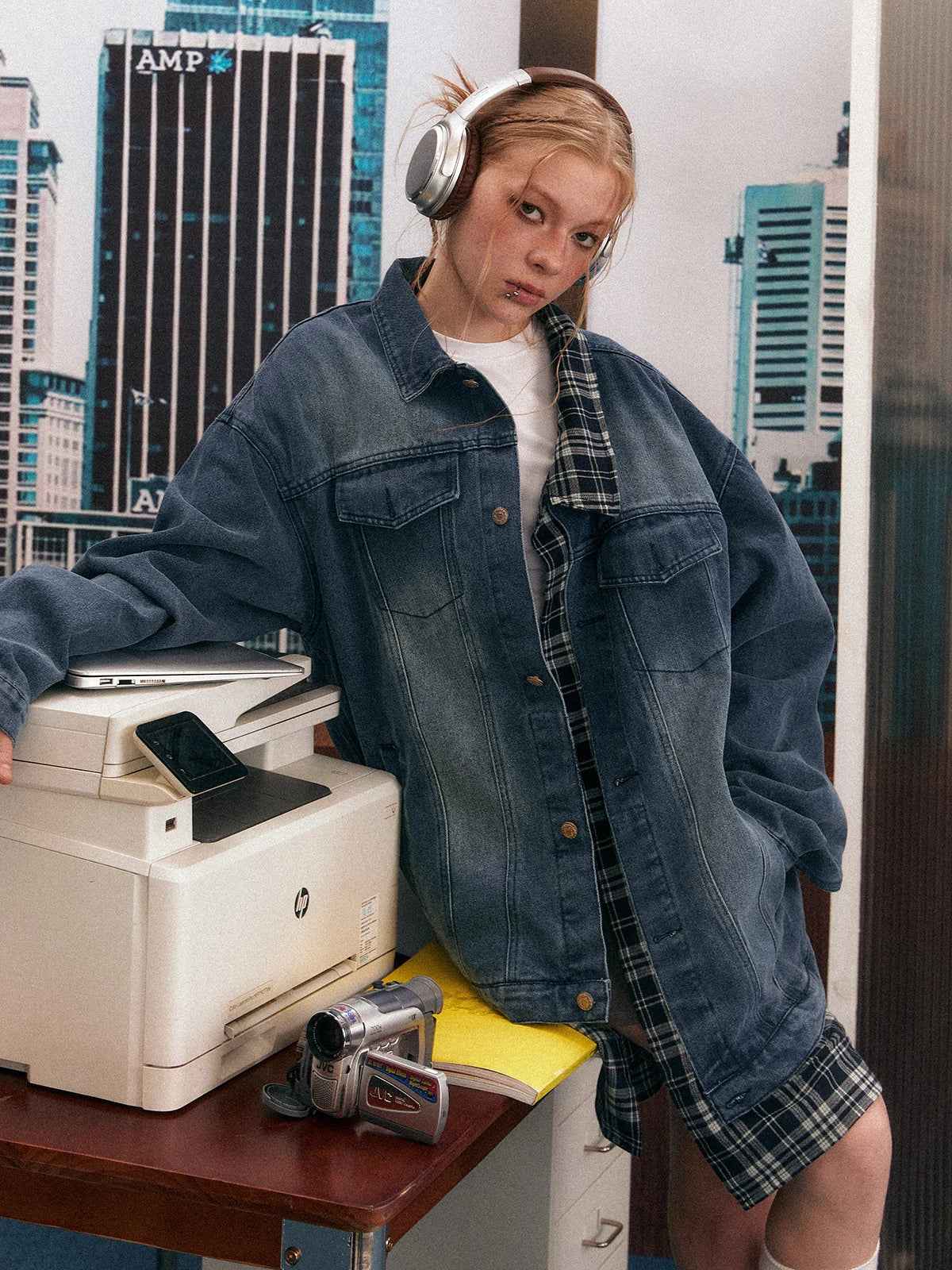 Women Cool Plaid Retro Denim Jacket