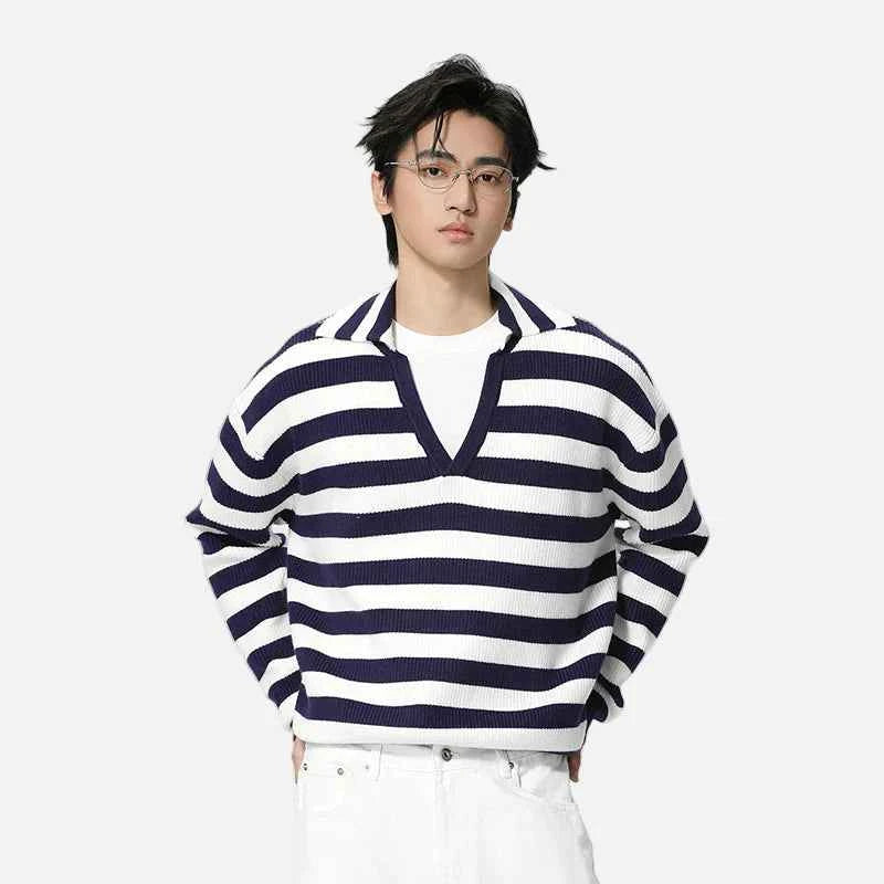 Contrast Color Loose Fit V-Neck Knitted Sweater