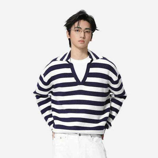 Contrast Color Loose Fit V-Neck Knitted Sweater