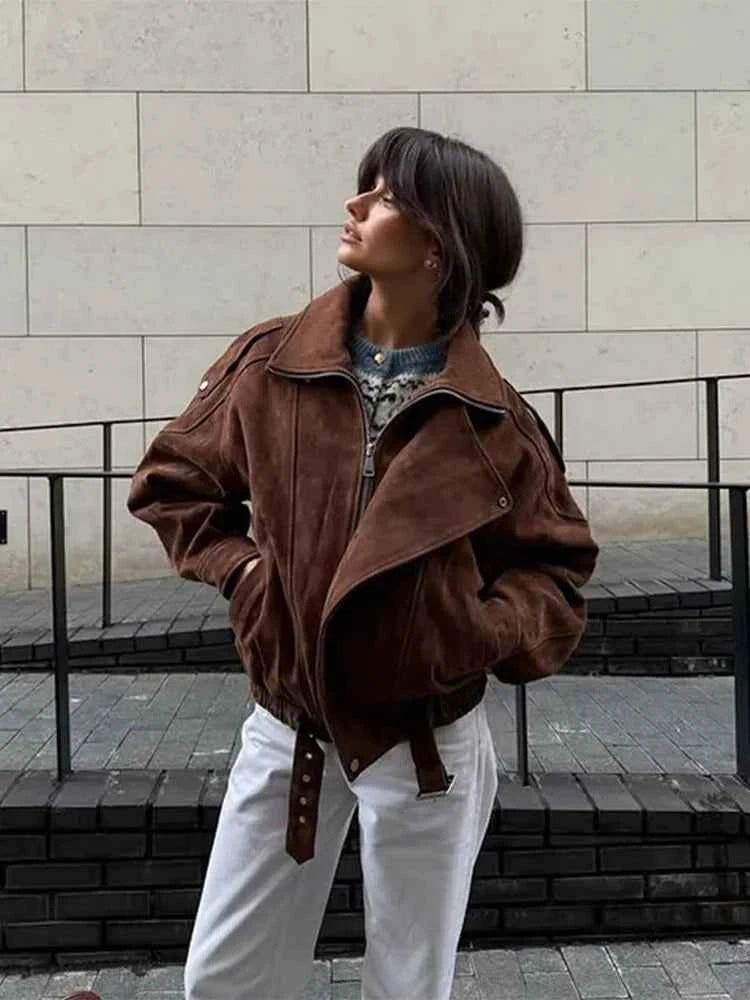 Versatile Retro Lace-Up Zipper jacket