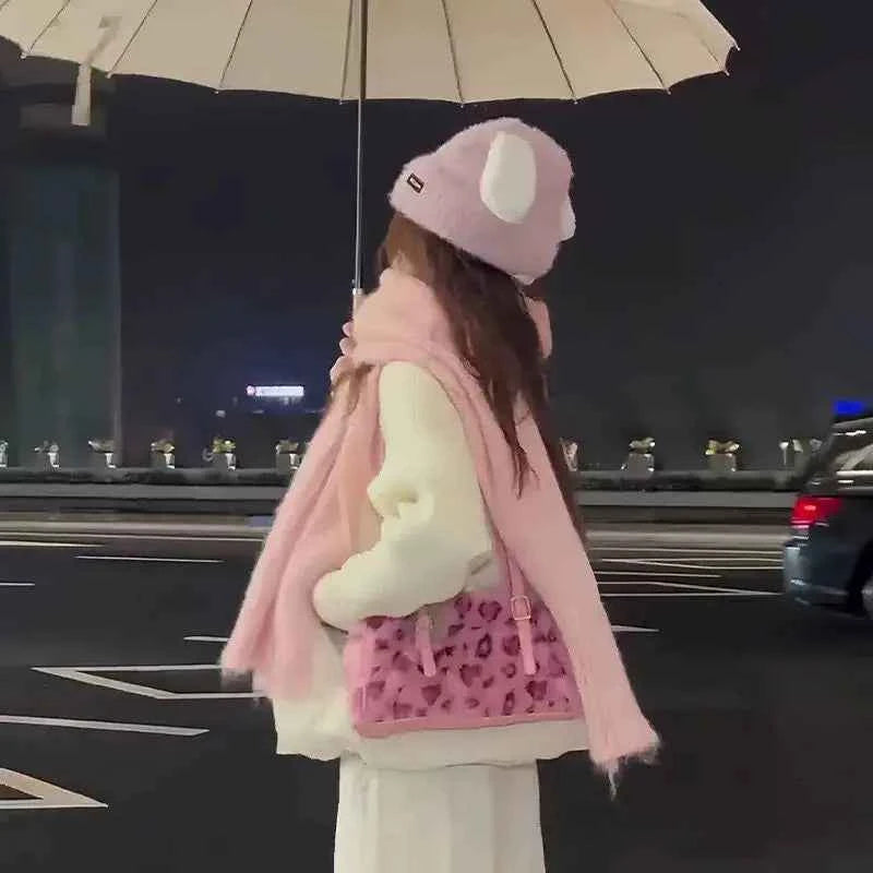 Soft Pink Leopard Print Shoulder Faux Fur Bag