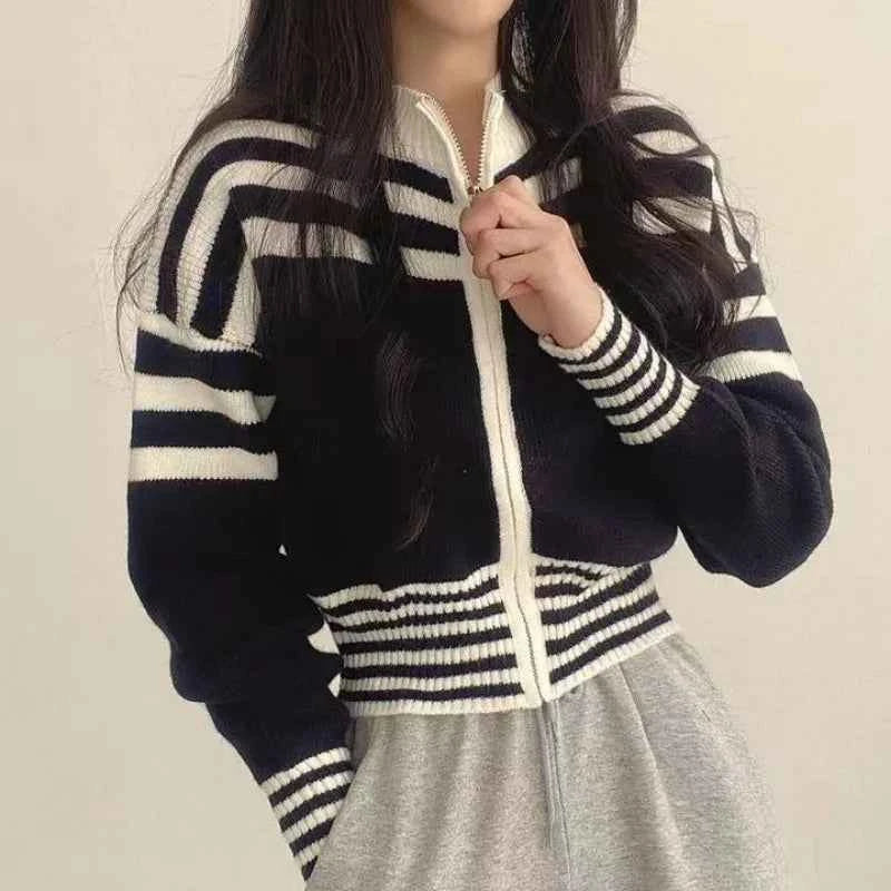 Women Chic Vintage Striped Cropped Cardigan