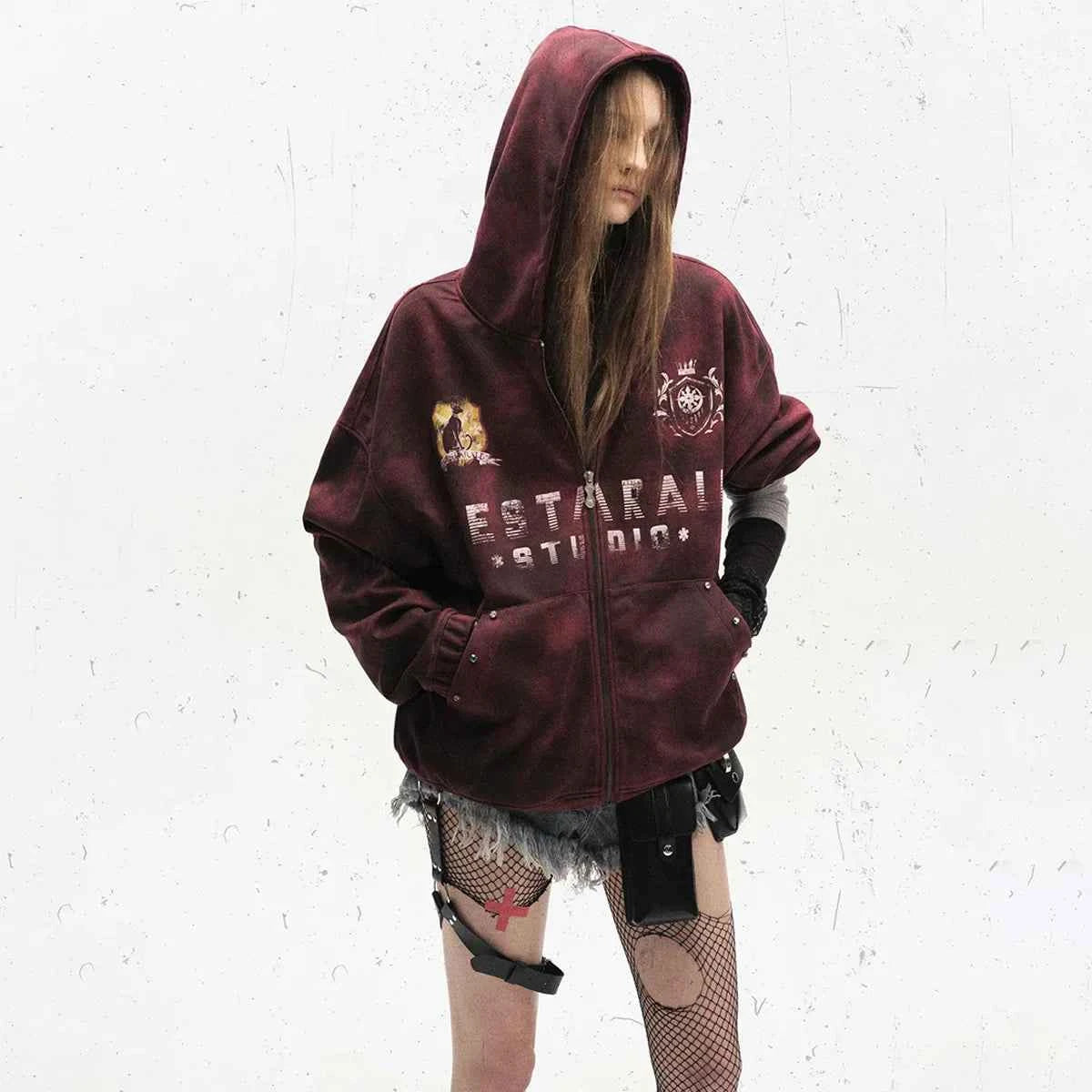 Y2K Spring Breathable Red Zip Up Hooded Sweatshirt