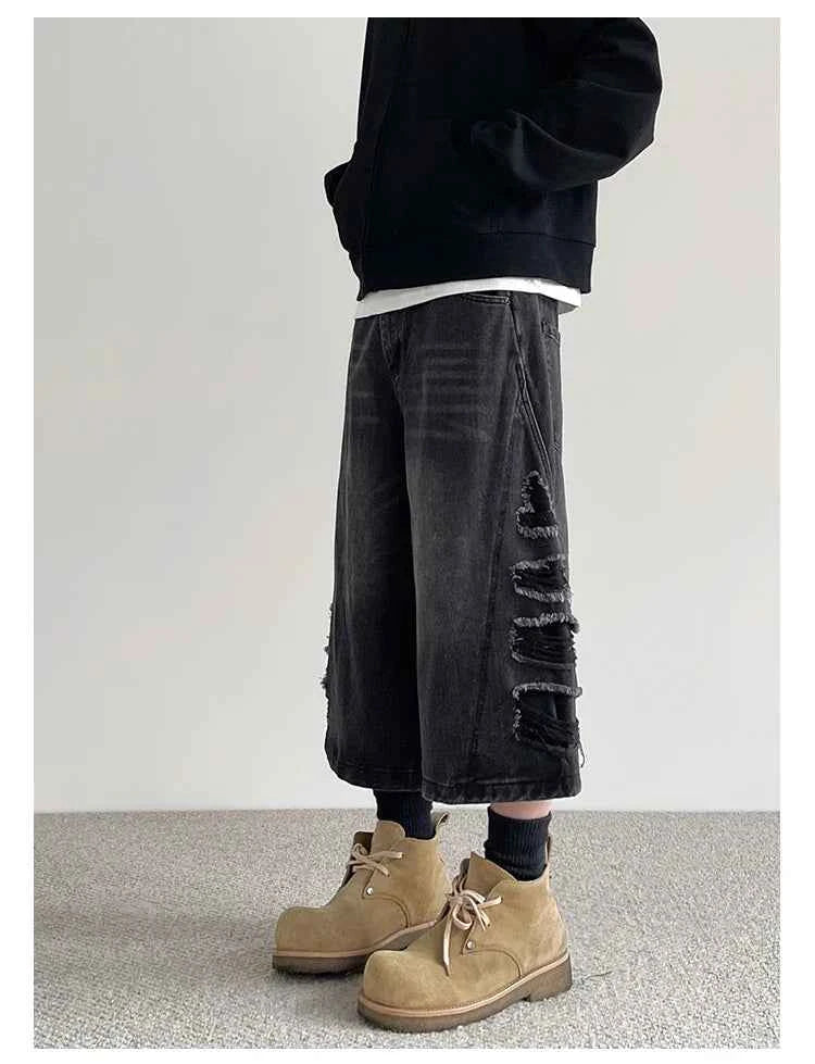 Vintage Aesthetic Black Ripped Loose Denim Jorts