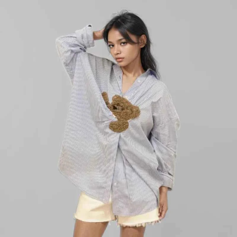 Women Stylish Cartoon Striped Loose Lapel Shirt