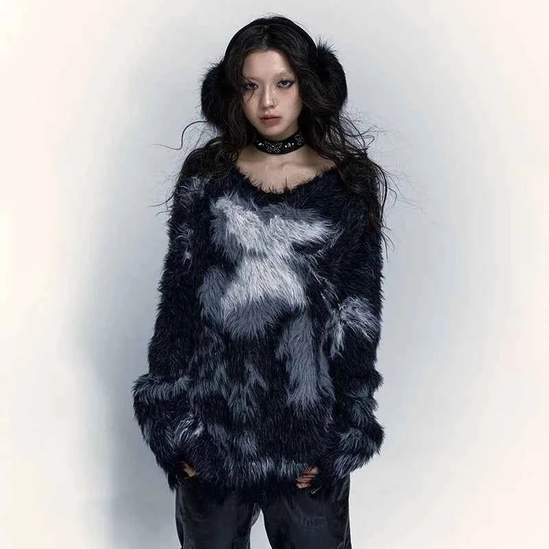Grunge Aesthetics Black V-Neck Sweater