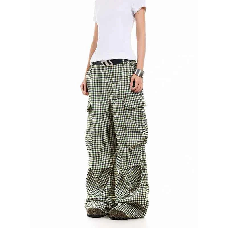 Fashionable Streetwear Plaid Loose Wide Leg Cargo Pants