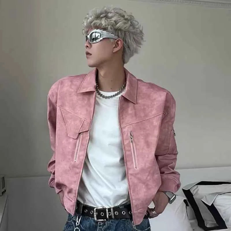 Men Pink Gradient Spring Leather Jacket