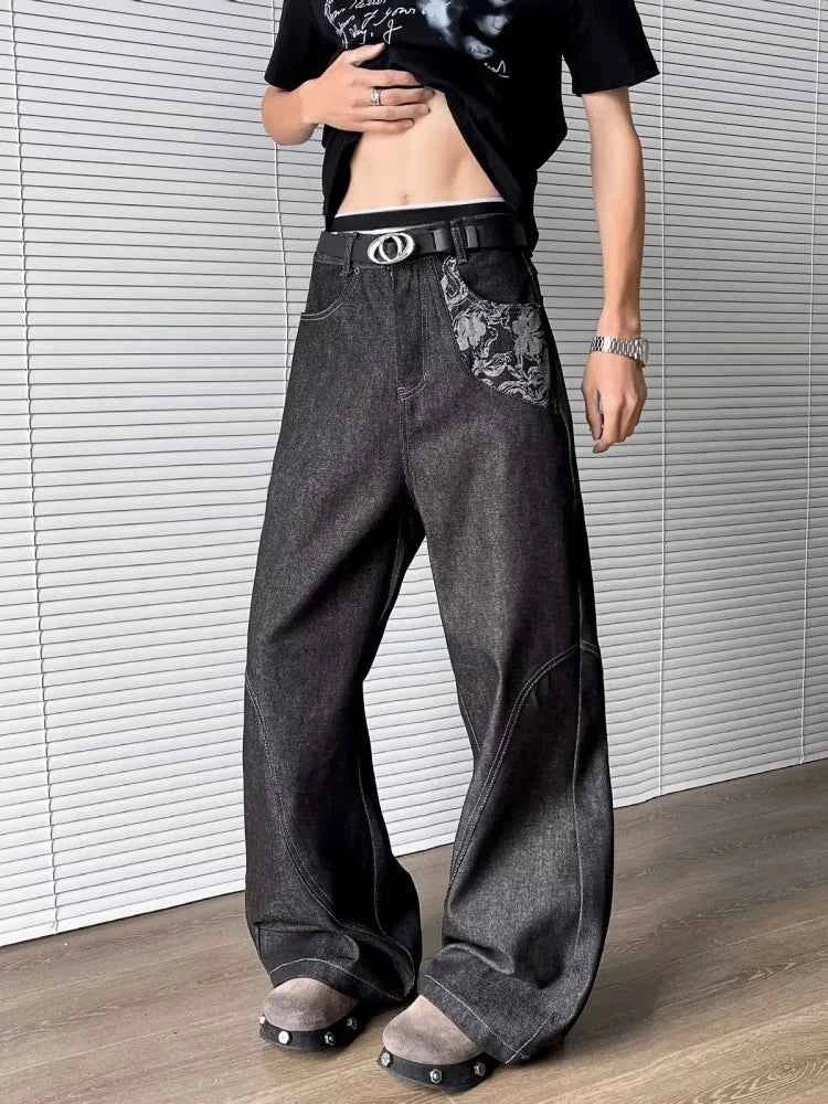 Cyber Graphic Patchwork Baggy Black Jeans