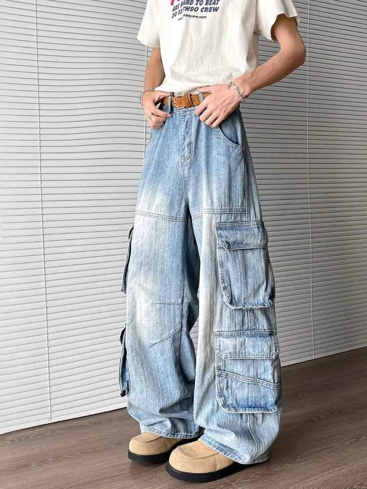 Raw Hem Realness Washed Blue Baggy Cargo Jeans