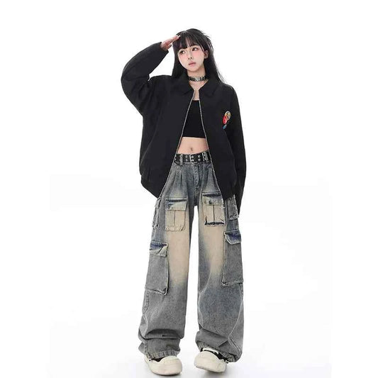 Women Cute Trendy High Waist Wide Leg Blue Jeans