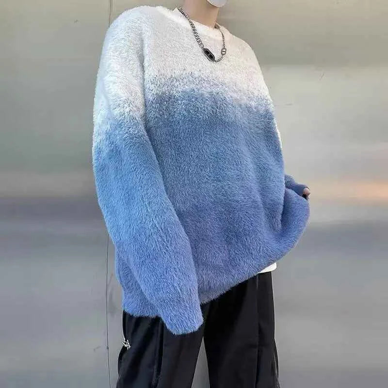 Streetwear Gradient Round Neck Warm Knitted Sweater