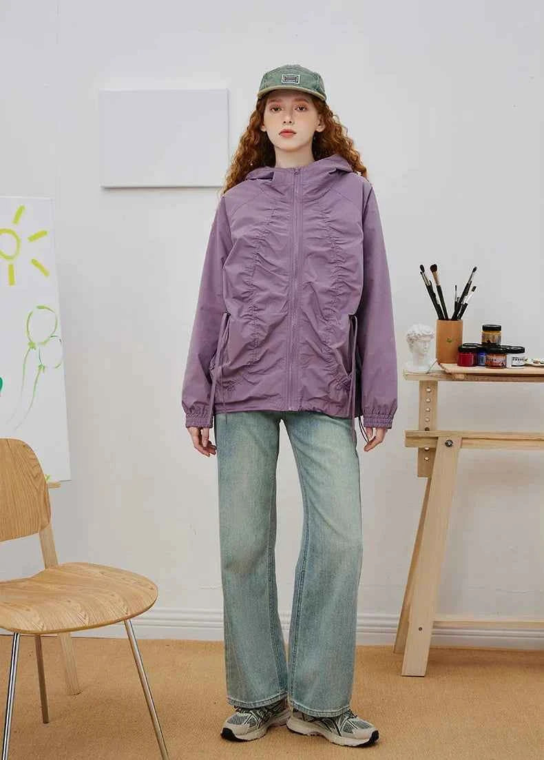 Minimalist Pleated Loose Fit Hooded Windbreaker Jacket