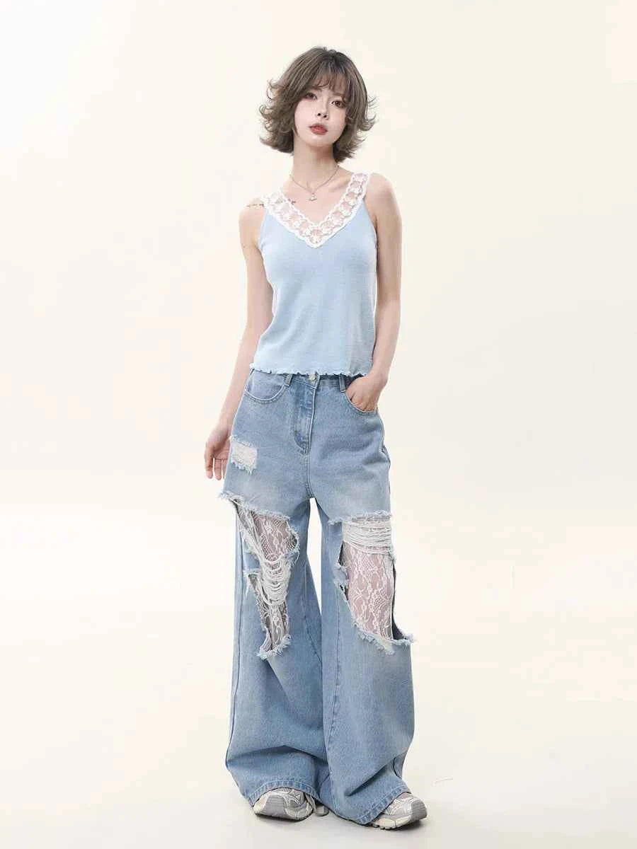 Women Vintage Lace Loose Fit Wide Jeans