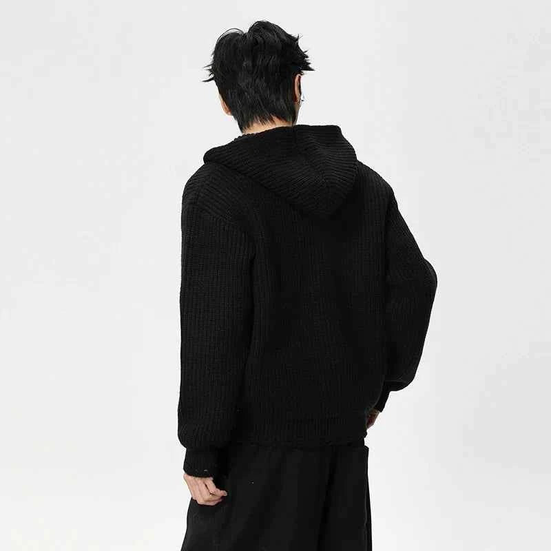 Frayed Design Thick Knit Hooded Knits Cardigan