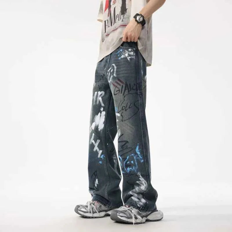 European Summer Tide Graffiti Loose Jeans