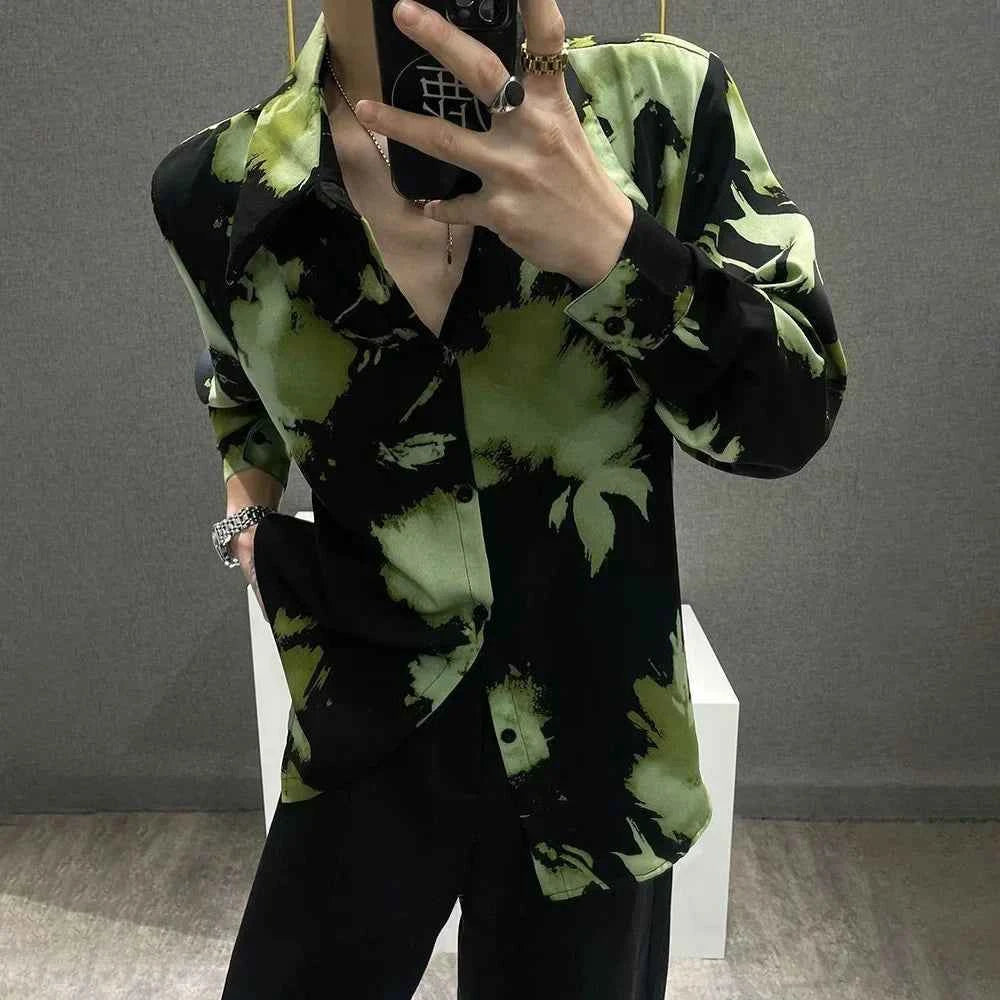 Green Contrast Print Long Sleeve Shoulder Shirt