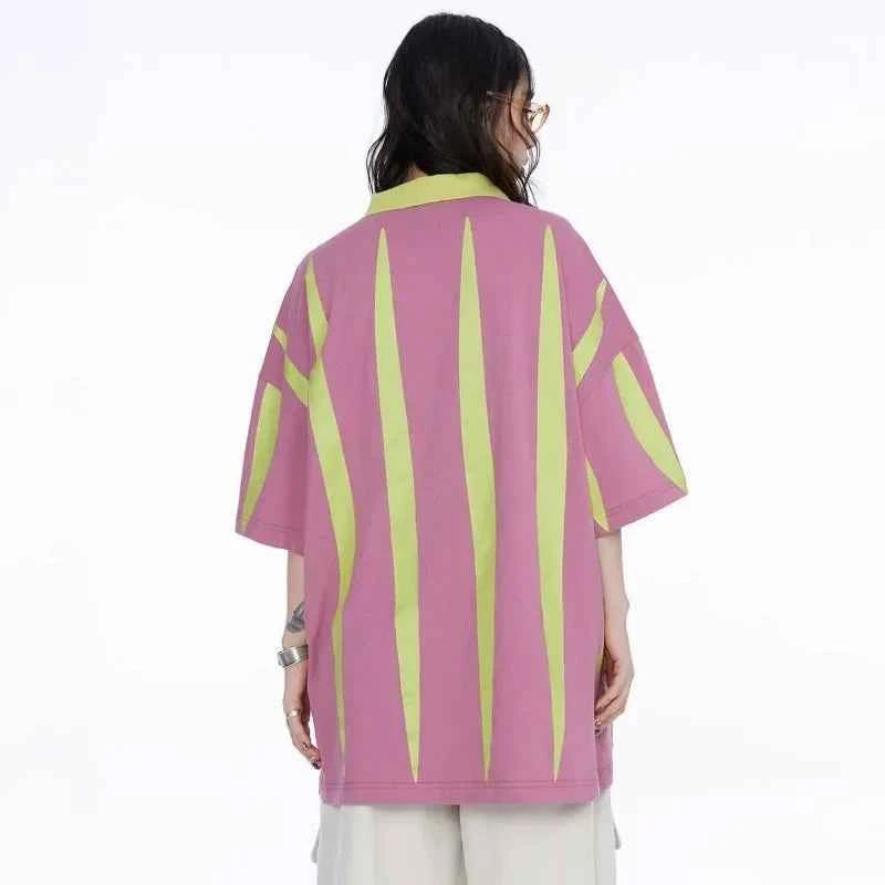 Women Retro Striped Lapel with Printed Polo T-Shirt