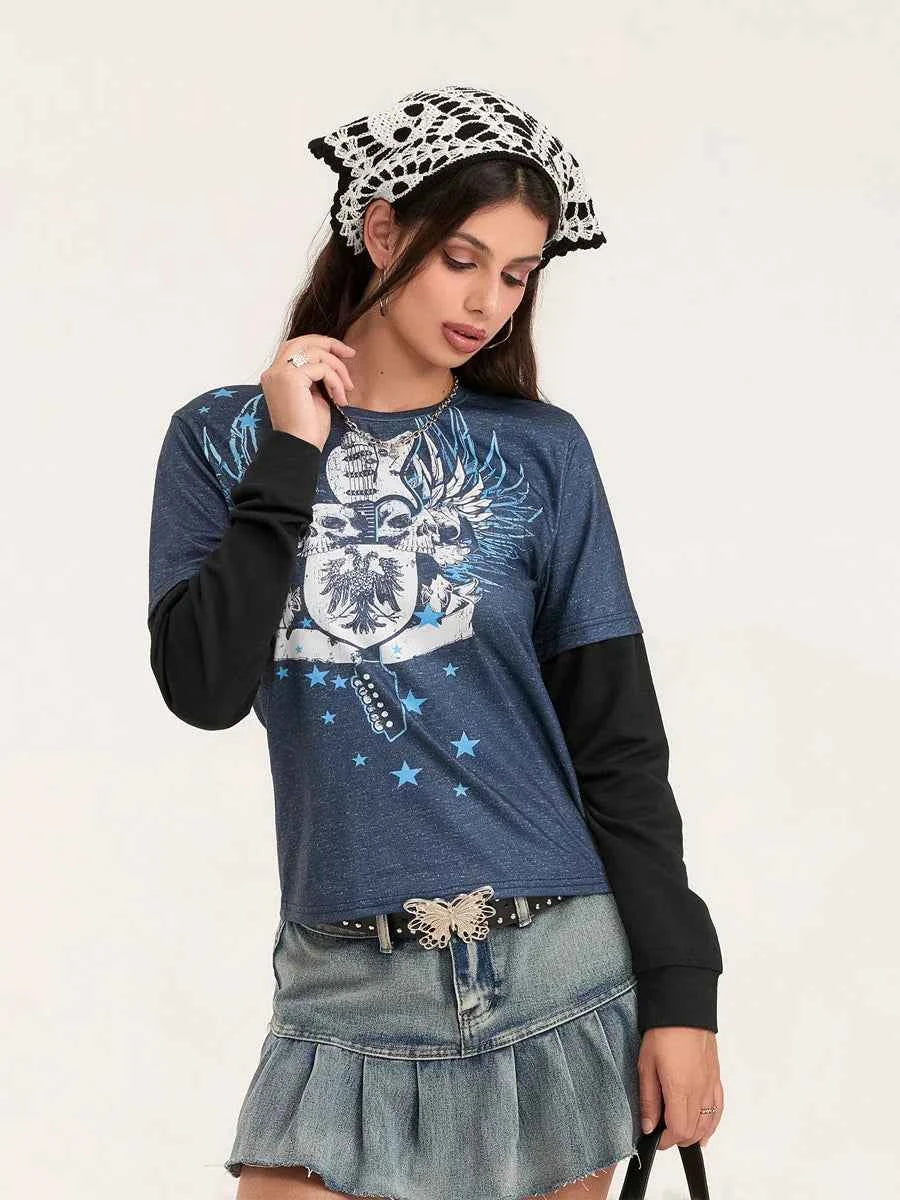 Women Patchwork Gothic Crew Neck T-Shirt