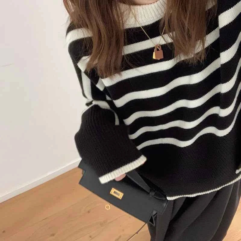 Women Chic Korean Striped Loose Knit Sweater