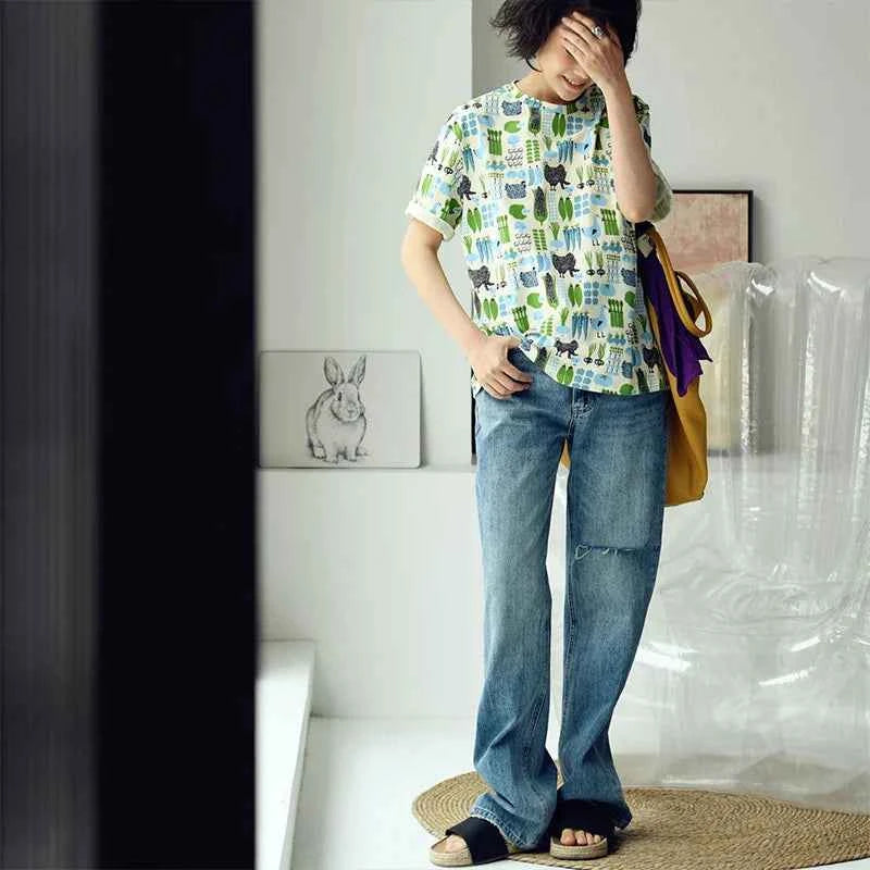 Fresh Literary Style Cartoon Print T-Shirt