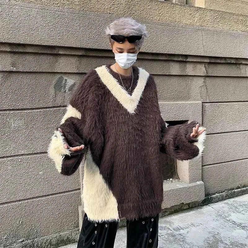 Contrast Color Oversized Fuzzy Fur Sweater