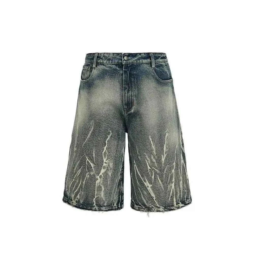 Lightning Pattern Washed Cropped Denim Jorts