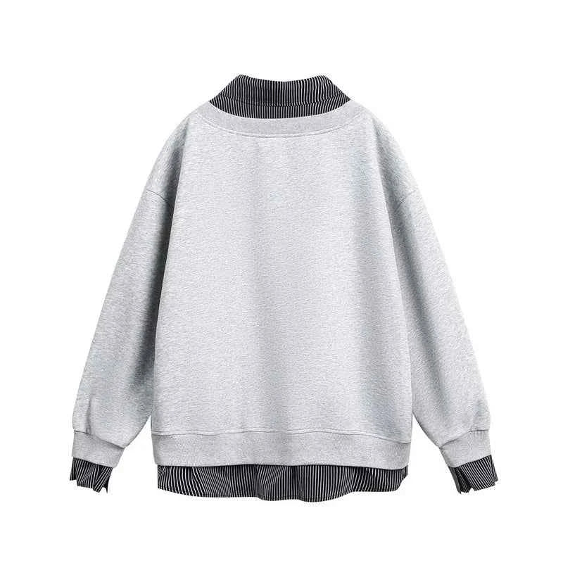 Flattering Casual Loose Striped Polo Sweatshirt