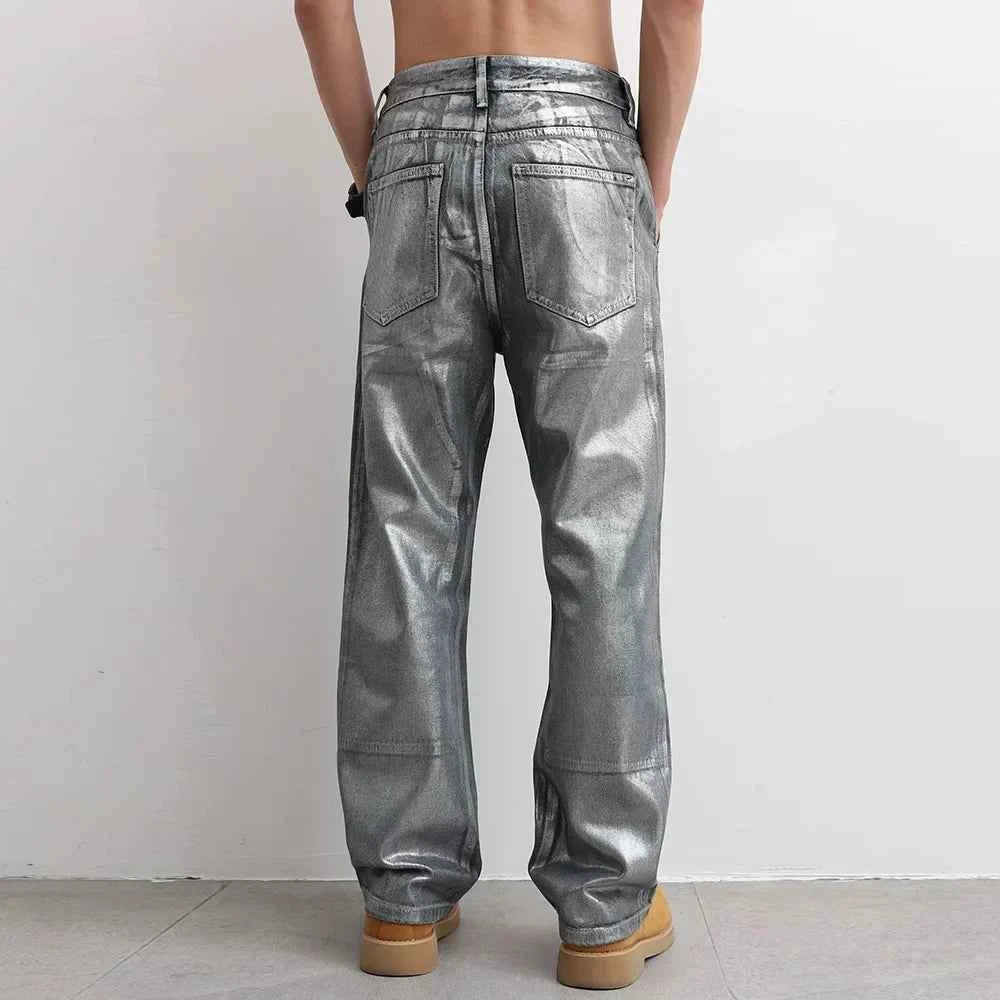 Streetwear Cool Silver Coated Casual Hip Hop Jeans