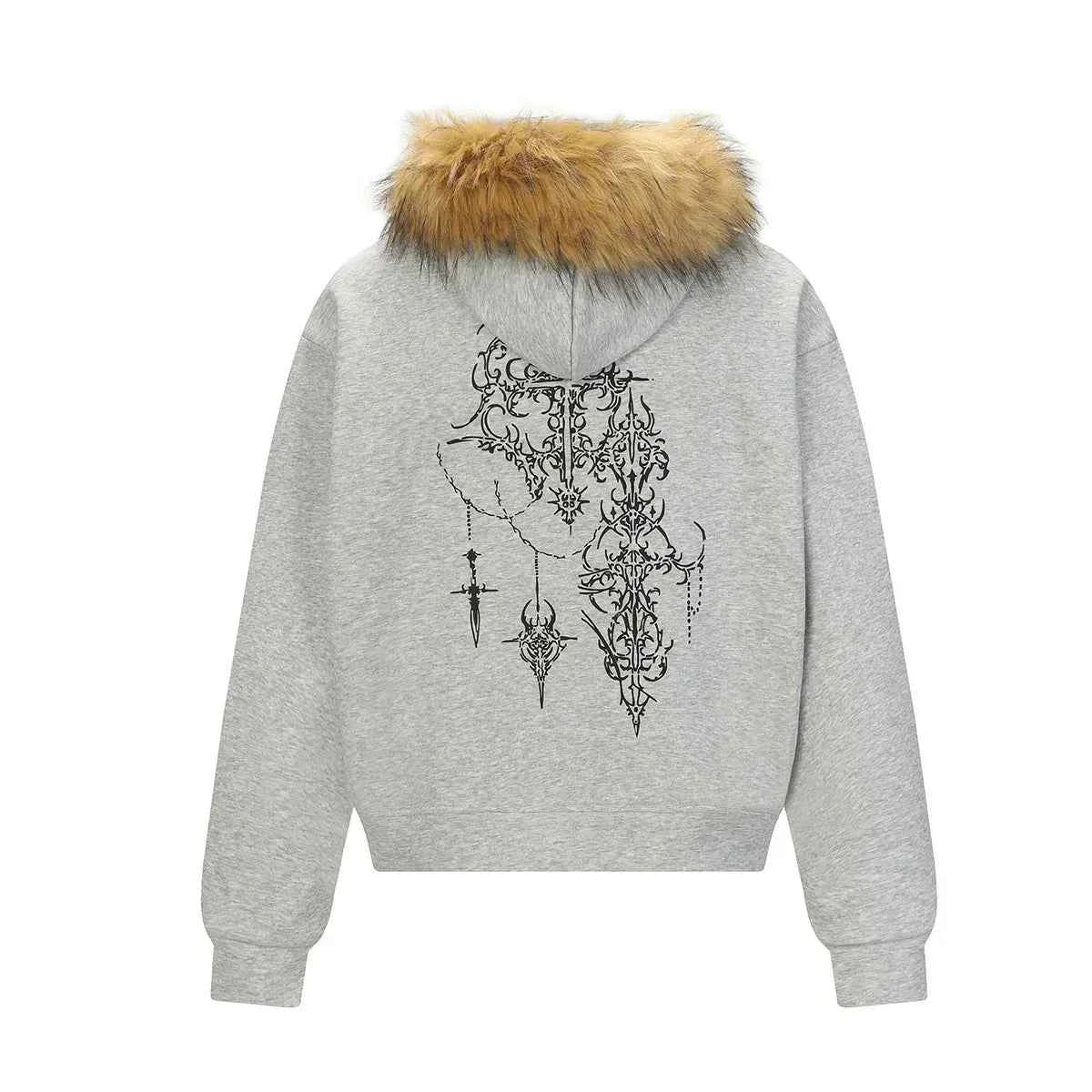 Y2K Retro Graffiti Zip-Up Fur-Collar Hooded Sweatshirt