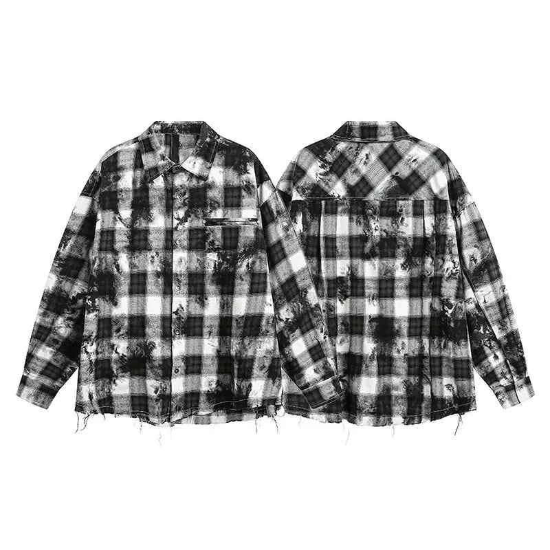 Streetwear Retro Plaid Distressed Tie Dye Long Sleeve Shirt