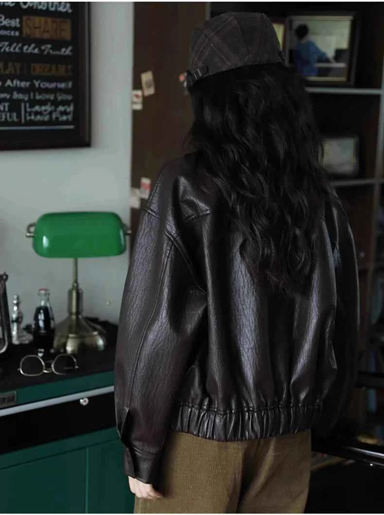 Classic Brown Handsome Short PU Leather Jacket