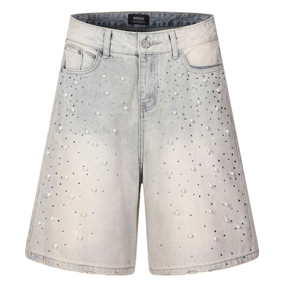 Streetwear Unisex Pearl Denim Shorts